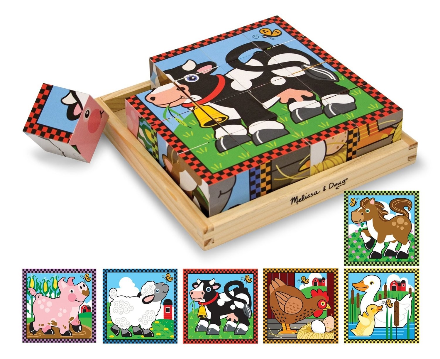 Create 6 Farm Scenes! 16 Wooden Cubes Puzzle