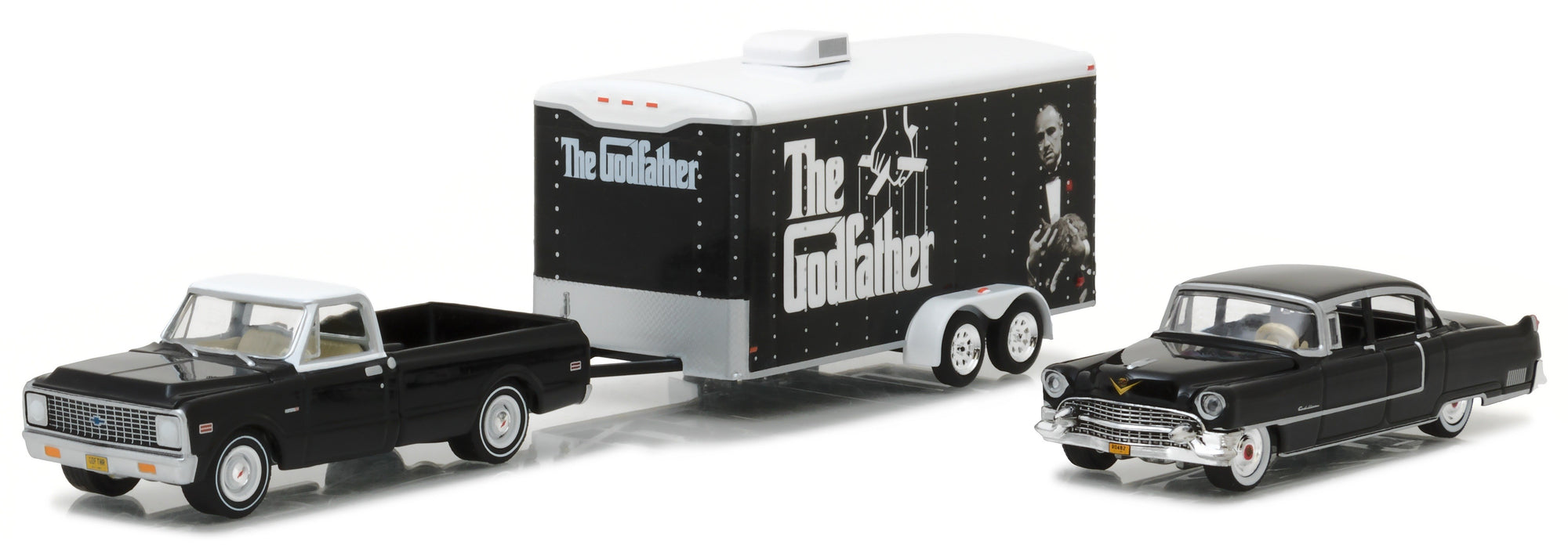 Greenlight 1/64 1972 Chevrolet C10, 1955 Cadillac Fleetwood "60 & Trailer